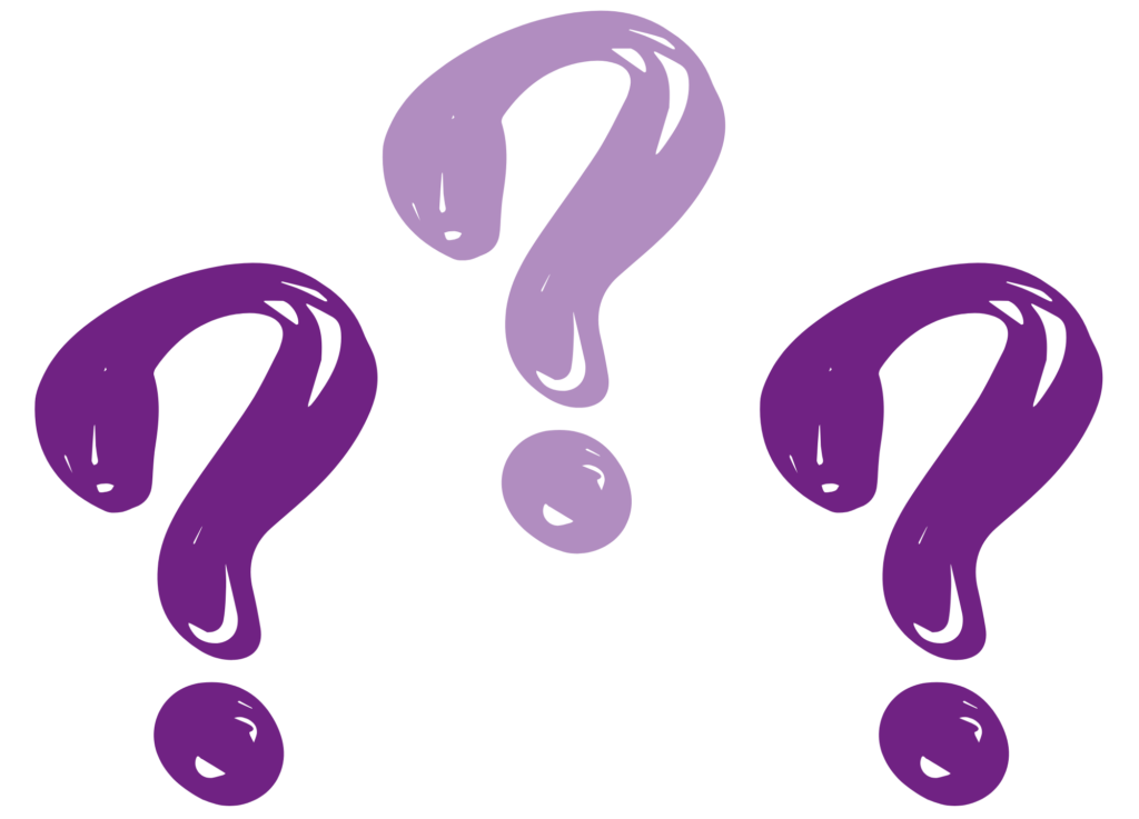 drei Fragezeichen in den Farben dunkellila und helllila als Symbolbild für die nachfolgenden Leitfragen des Projektes