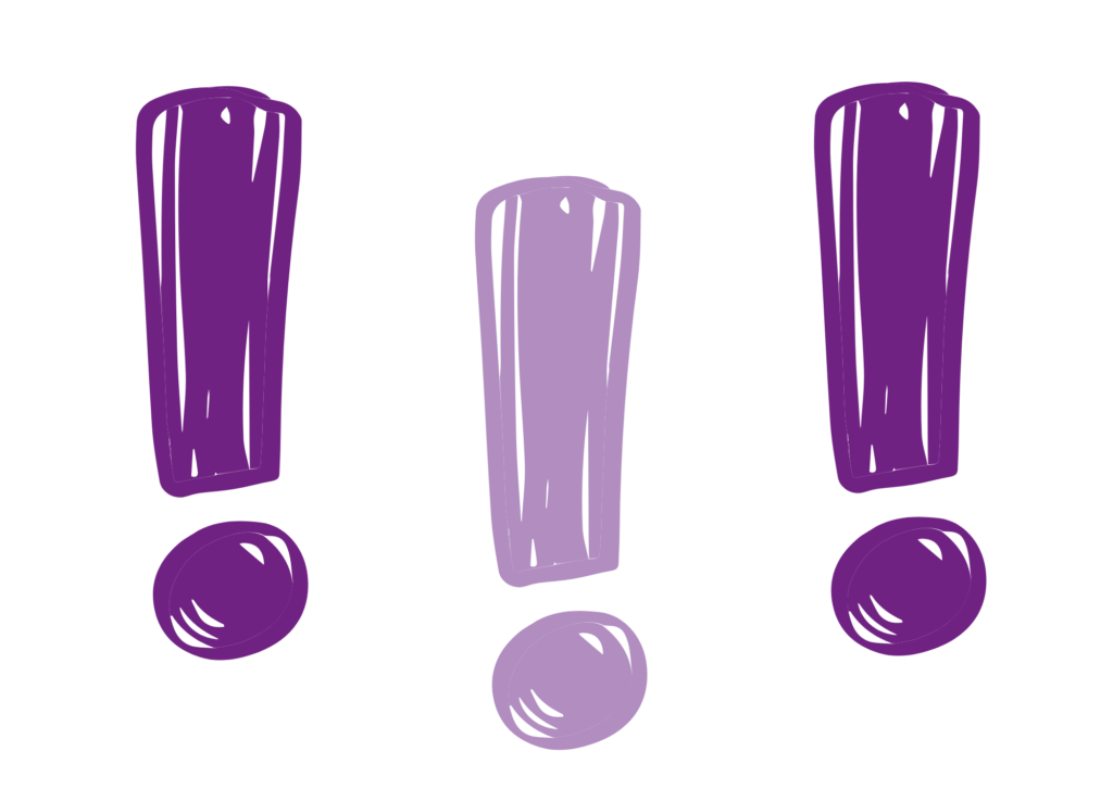 drei Ausrufezeichen in den Farben dunkellila und helllila als Symbolbild für die Hinwesie auf Veranstaltungen